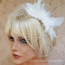 Feather Fascinator and French net birdcage veil, large feather headpiece and bridal veil, Bridal Hairpiece Set